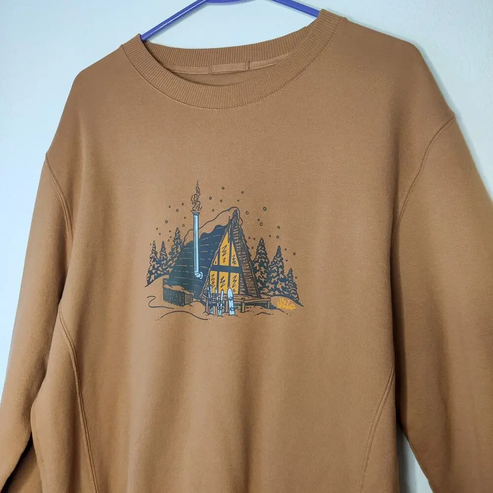 Stio Apres Ski Lodge Crewneck Organic Cotton Fleece Sweatshirt Tan Medium Unisex